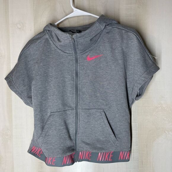 Nike gray short sleeve‎ sweatshirt jacket hooded pink trim, size large - Picture 1 of 12
